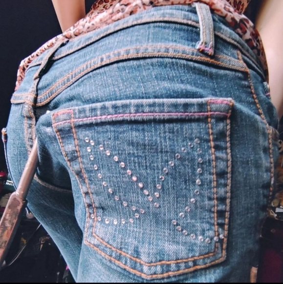 Y2k Deadstock Bedazzled Pink Embroidered Low-rise Playboy Jeans - Picture 5 of 7